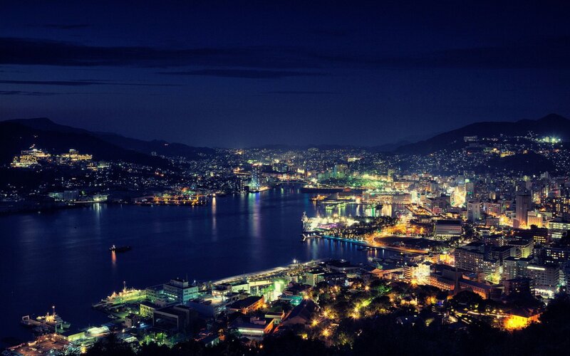 Cityscape at Night — Blue, Serene, Photograph, Harbor