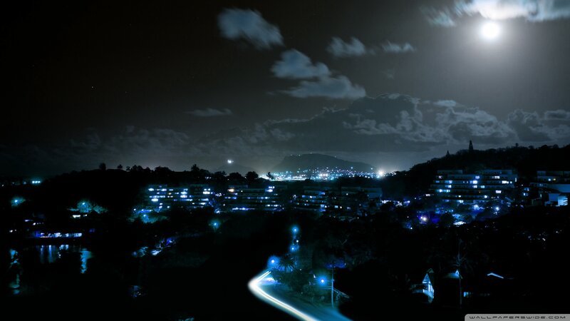 Cityscape at Night — Blue, Serene, Photograph, Moon