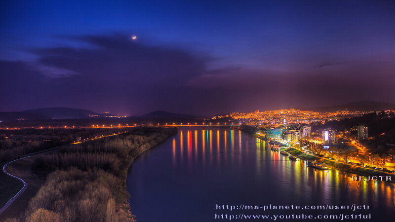 Cityscape at Night — Blue, Serene, Photograph, River, Bridge