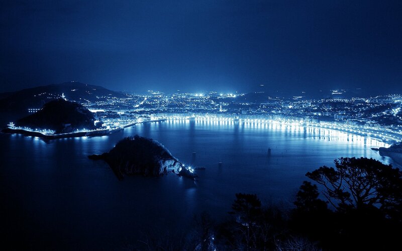 Cityscape at Night — Blue, Serene, Photograph, Sea, Island