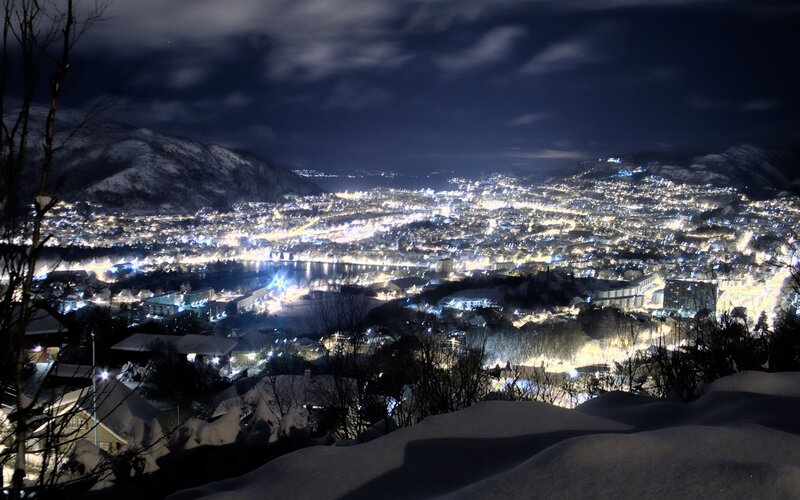 Cityscape at Night — Blue, Serene, Photograph, Snow, Mountains, Lights