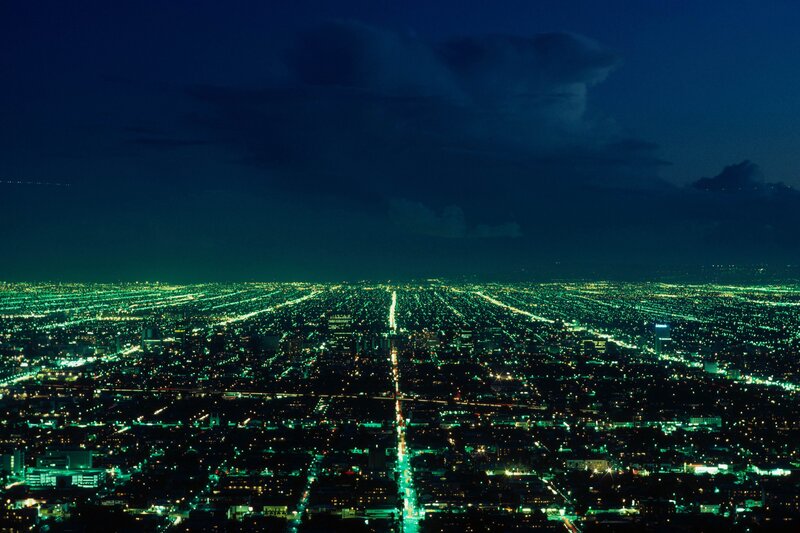 Cityscape at Night — Green, Dark, Photograph