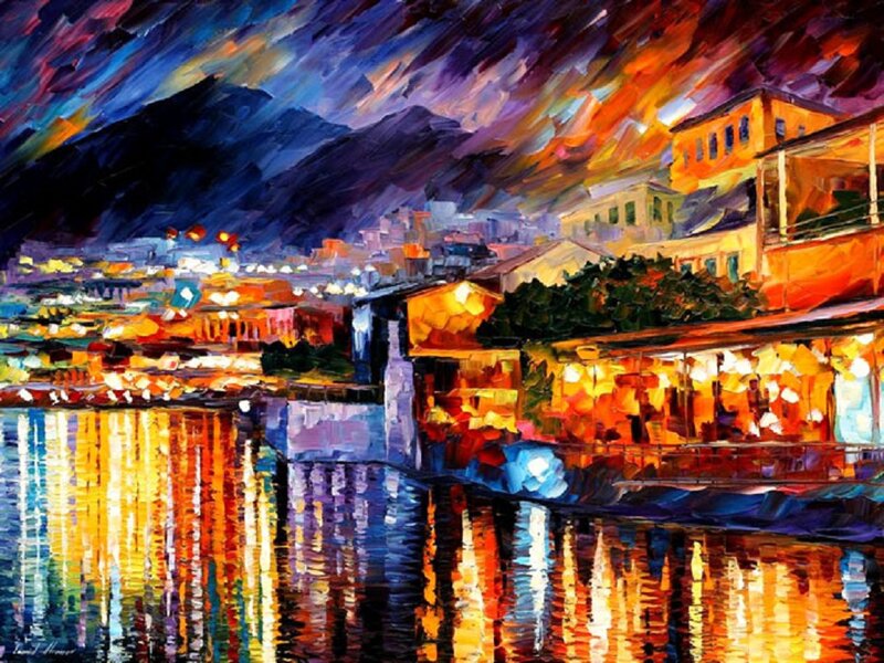 Cityscape at Night — Orange, Dramatic, Painting