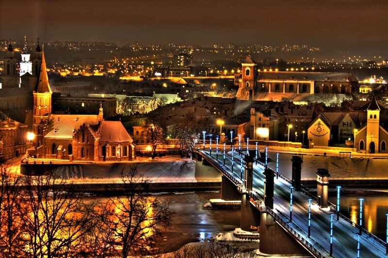 Cityscape at Night — Orange, Dramatic, Photograph, Bridge