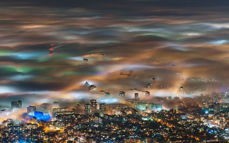 Cityscape at Night — Orange, Dramatic, Photograph, Clouds