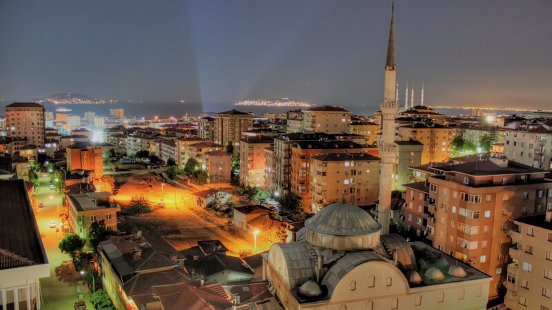 Cityscape at Night — Orange, Dramatic, Photograph, Mosque