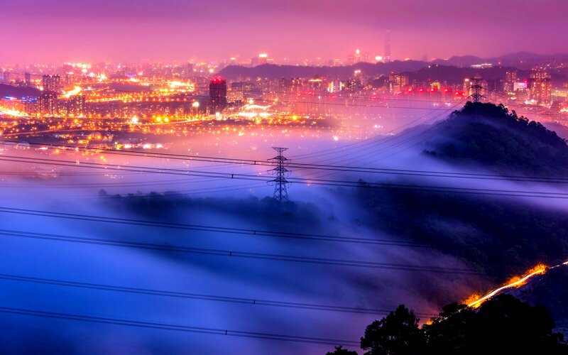 Cityscape at Night — Purple, Dramatic, Photograph, Fog