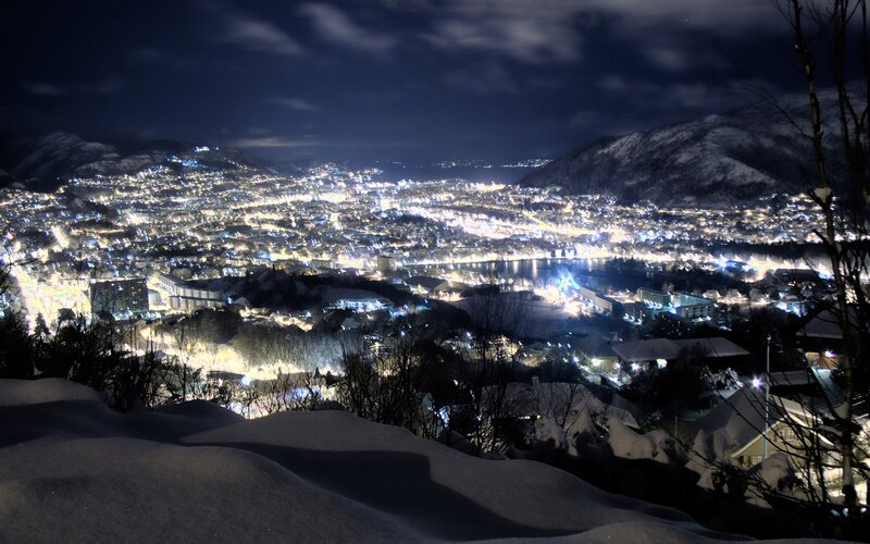 Cityscape at Night — White, Serene, Photograph, Snow