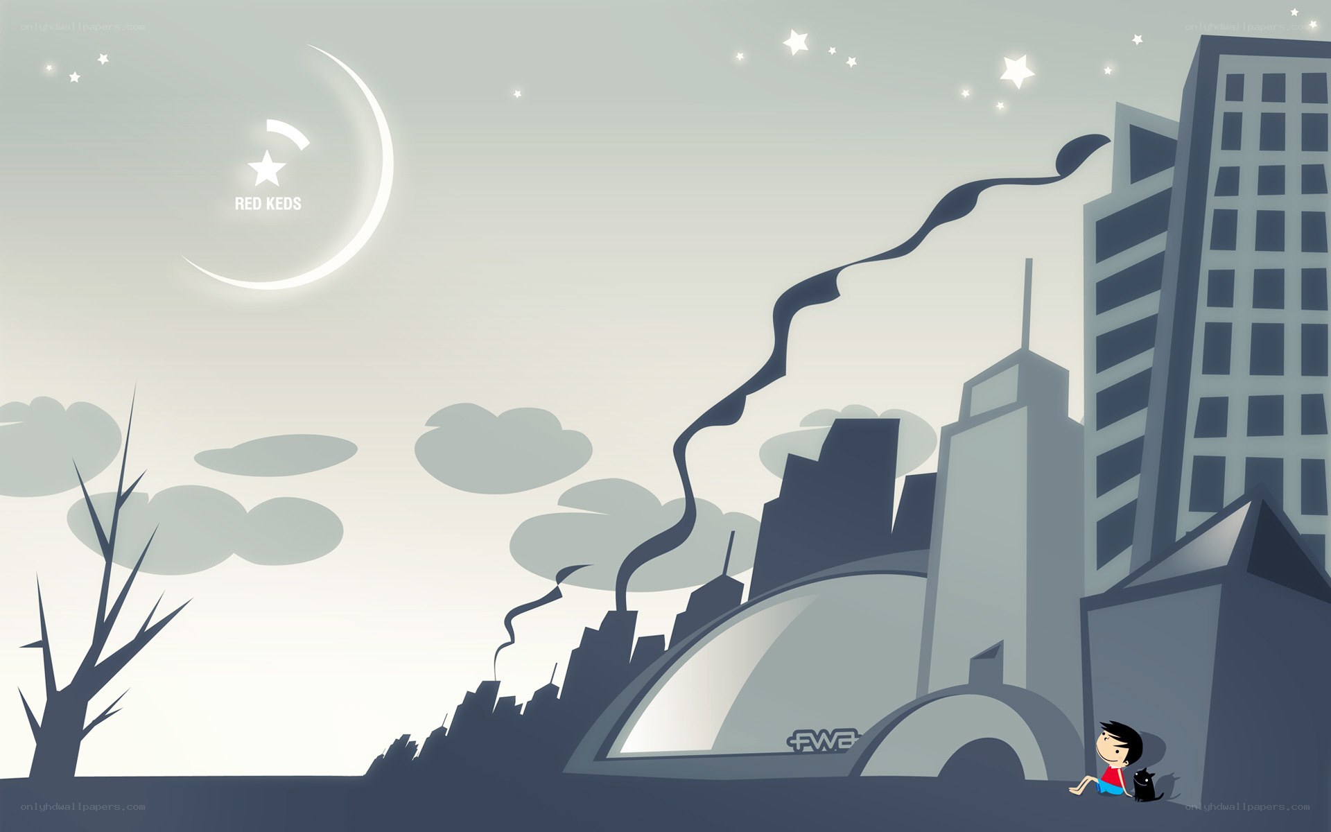Cityscape at night with moon