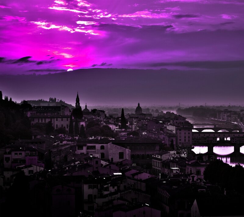 Cityscape at Purple Sunset