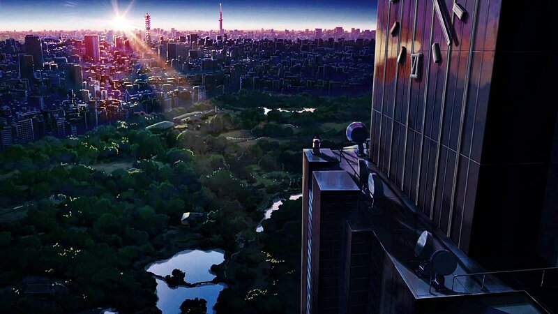 Cityscape at Sunrise — Blue, Serene, Anime, Skyscraper, Park
