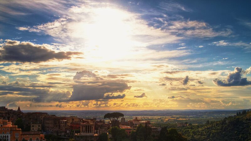 Cityscape at Sunset — Blue, Dramatic, Photograph, Buildings, Clouds