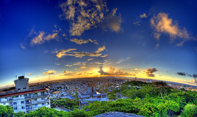 Cityscape at Sunset — Blue, Dramatic, Photograph, Buildings, Trees