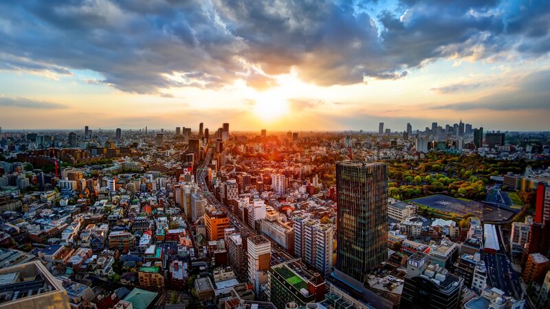 Cityscape at Sunset — Blue, Dramatic, Photograph, Skyscrapers, Buildings, Clouds