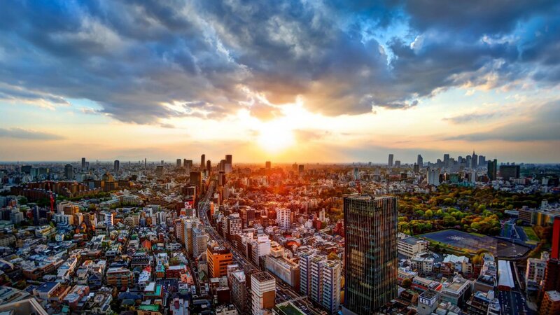 Cityscape at Sunset — Blue, Dramatic, Photograph, Skyscrapers, Buildings