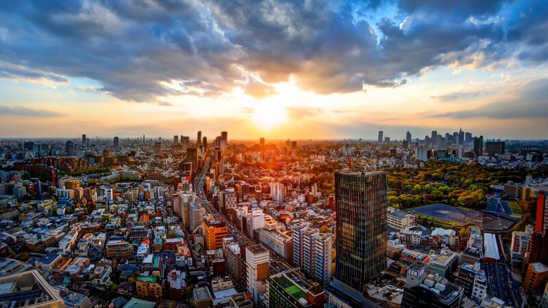 Cityscape at Sunset — Blue, Dramatic, Photograph, Skyscrapers, Buildings, Trees