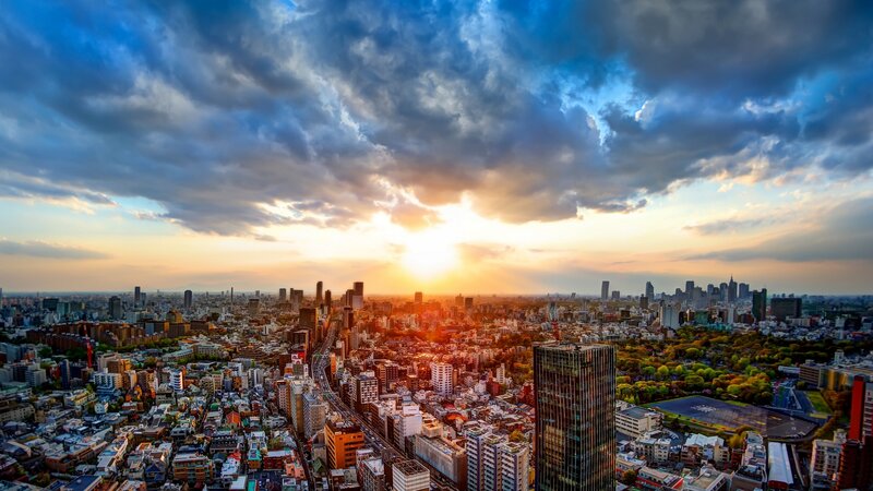 Cityscape at Sunset — Blue, Dramatic, Photograph, Skyscrapers, Clouds