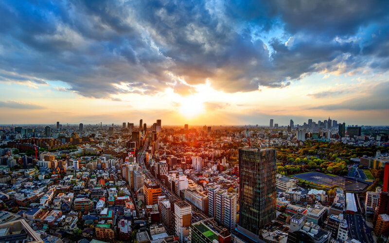 Cityscape at Sunset — Blue, Dramatic, Photograph, Skyscrapers