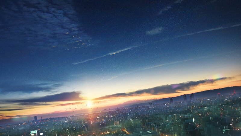Cityscape at Sunset — Blue, Serene, Digital Art