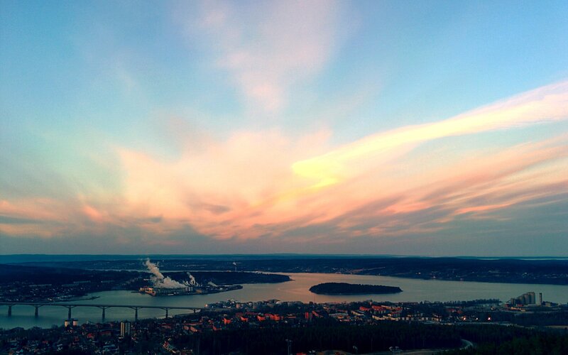 Cityscape at Sunset — Blue, Serene, Photograph, River