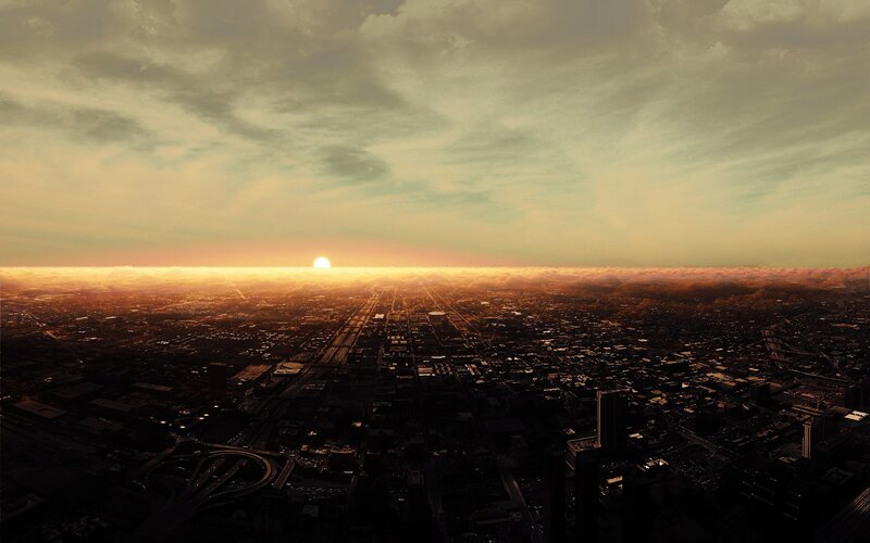 Cityscape at Sunset — Orange, Dramatic, 3d Render, Sun