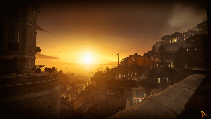 Cityscape at Sunset — Orange, Dramatic, 3d Render, Wind Turbine
