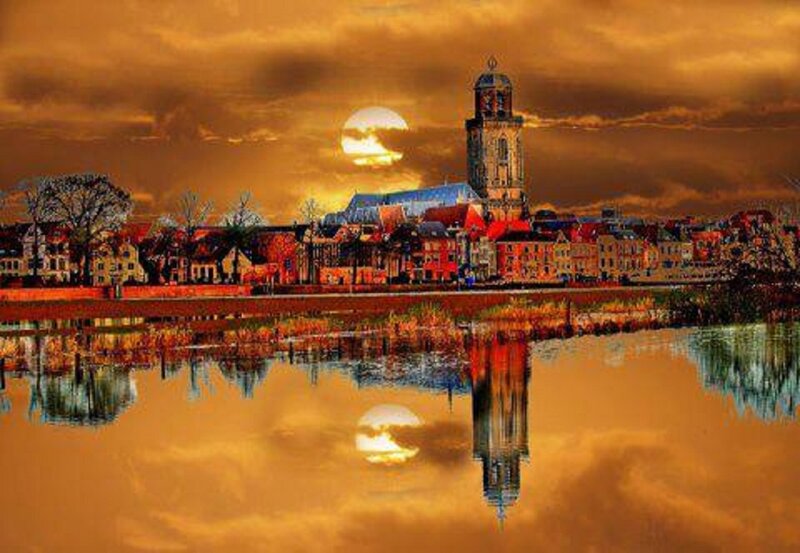 Cityscape at Sunset — Orange, Dramatic, Digital Art