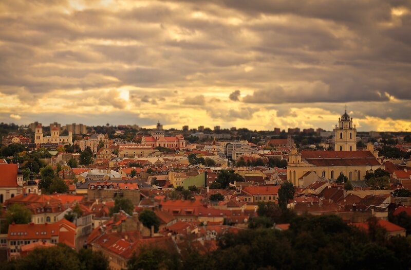 Cityscape at Sunset — Orange, Dramatic, Photograph, Buildings, Churches