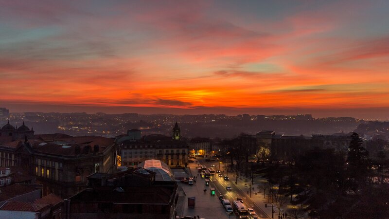 Cityscape at Sunset — Orange, Dramatic, Photograph, Buildings, Street