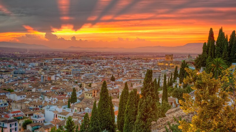 Cityscape at Sunset — Orange, Dramatic, Photograph, Buildings