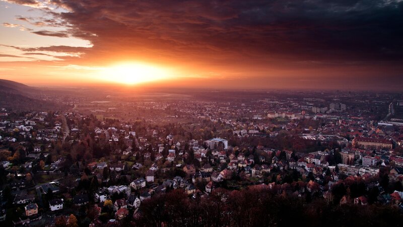 Cityscape at Sunset — Orange, Dramatic, Photograph, Clouds