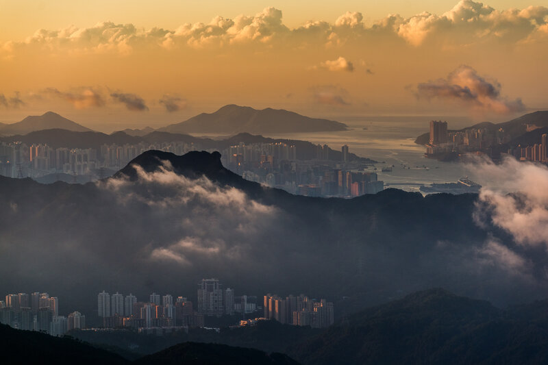Cityscape at Sunset — Orange, Dramatic, Photograph, Mountains, Clouds