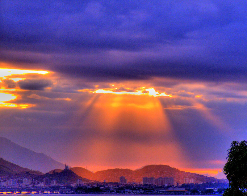 Cityscape at Sunset — Orange, Dramatic, Photograph, Mountains