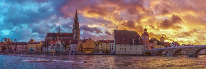 Cityscape at Sunset — Orange, Dramatic, Photograph, River, Bridge, Cathedral