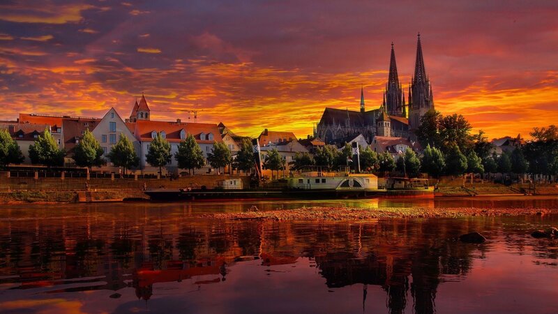 Cityscape at Sunset — Orange, Dramatic, Photograph, River, Cathedral
