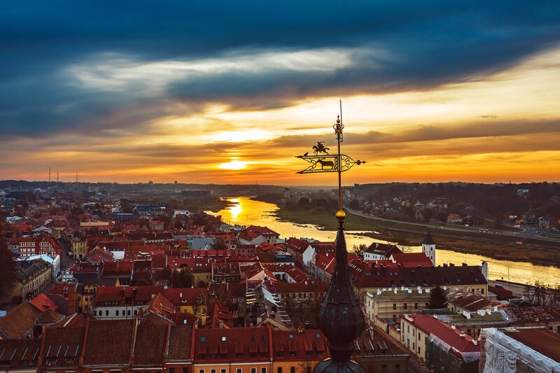 Cityscape at Sunset — Orange, Dramatic, Photograph, River, Roofs