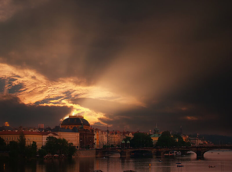 Cityscape at Sunset — Orange, Dramatic, Photograph, River