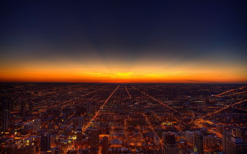 Cityscape at Sunset — Orange, Dramatic, Photograph, Sky, Buildings, Streets