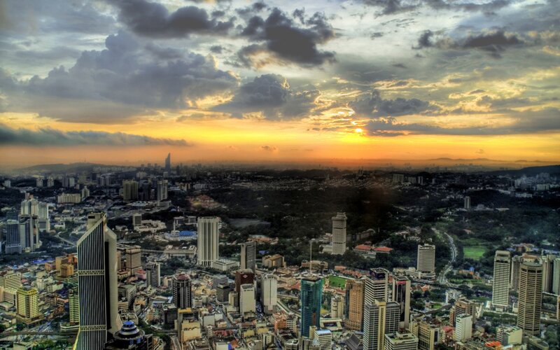 Cityscape at Sunset — Orange, Dramatic, Photograph, Skyscrapers, Clouds