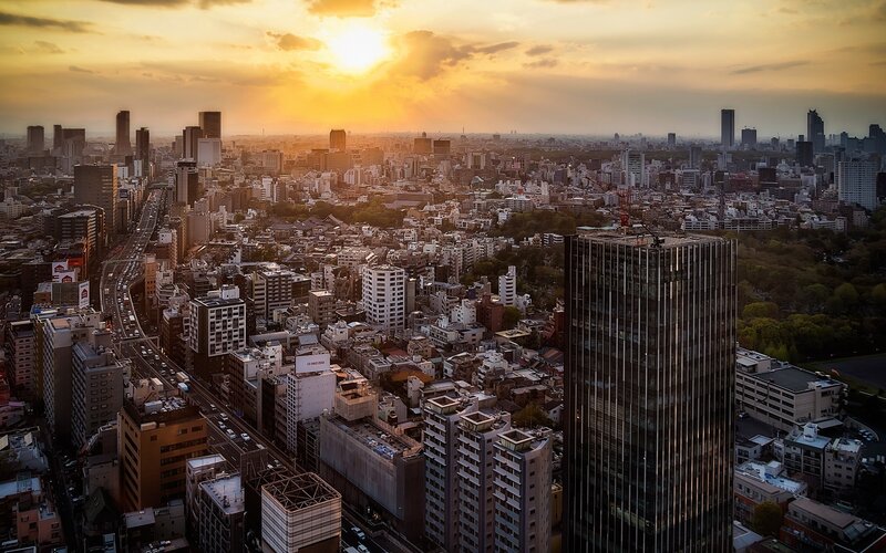 Cityscape at Sunset — Orange, Dramatic, Photograph, Skyscrapers, Highway