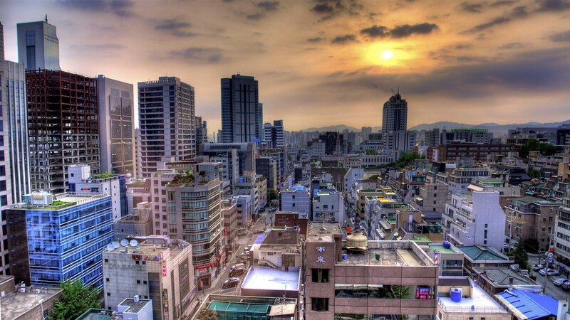 Cityscape at Sunset — Orange, Dramatic, Photograph, Skyscrapers