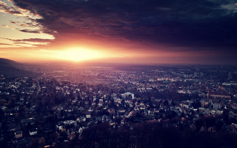 Cityscape at Sunset — Orange, Dramatic, Photograph, Sun, Clouds