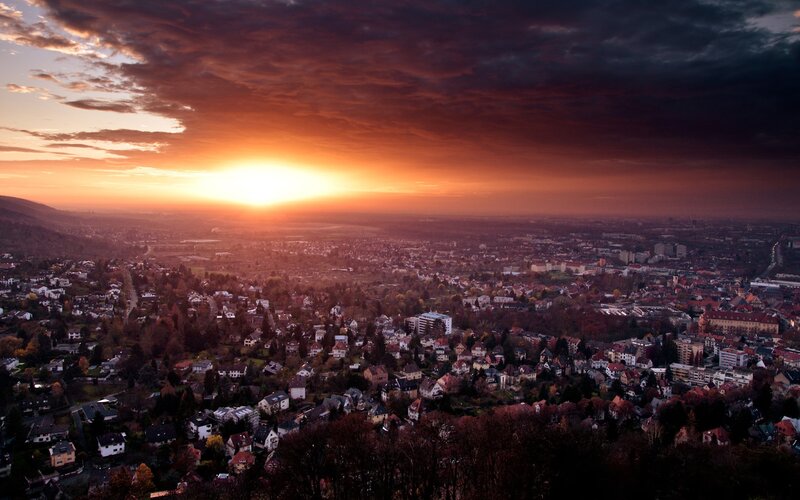 Cityscape at Sunset — Orange, Dramatic, Photograph, Sun