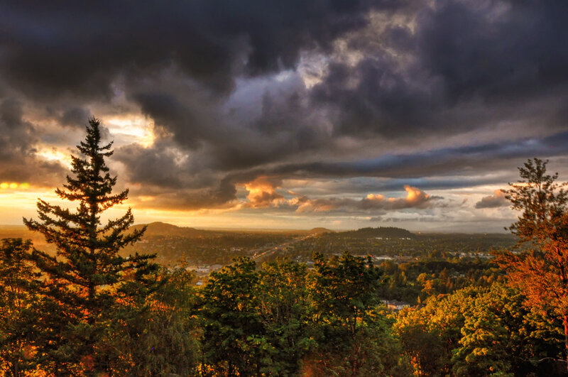 Cityscape at Sunset — Orange, Dramatic, Photograph, Trees