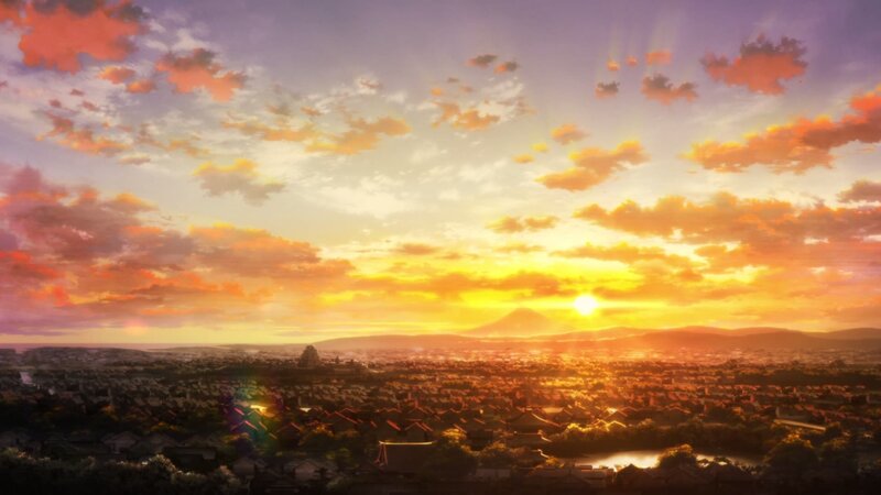 Cityscape at Sunset — Orange, Serene, Anime, Sun