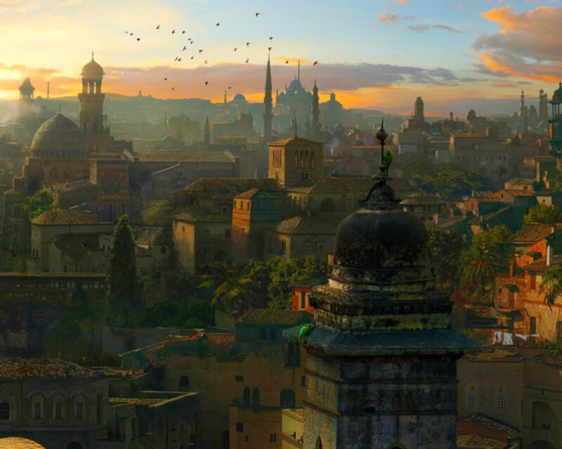 Cityscape at Sunset — Orange, Serene, Digital Art, Dome