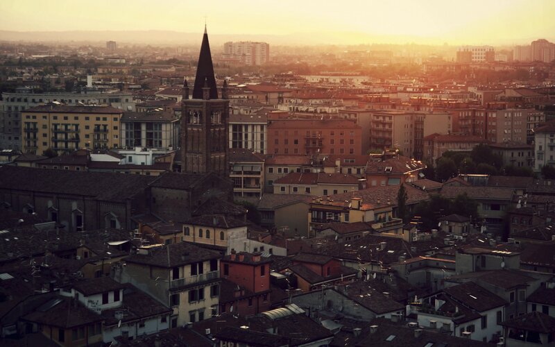 Cityscape at Sunset — Orange, Serene, Photograph, Buildings, Church Tower