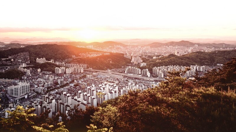 Cityscape at Sunset — Orange, Serene, Photograph, Buildings, Hills