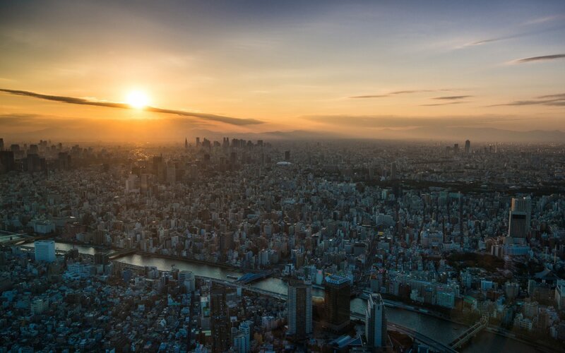 Cityscape at Sunset — Orange, Serene, Photograph, Sun, River