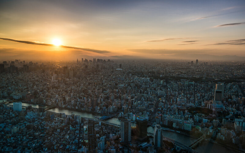 Cityscape at Sunset — Orange, Serene, Photograph, Sun